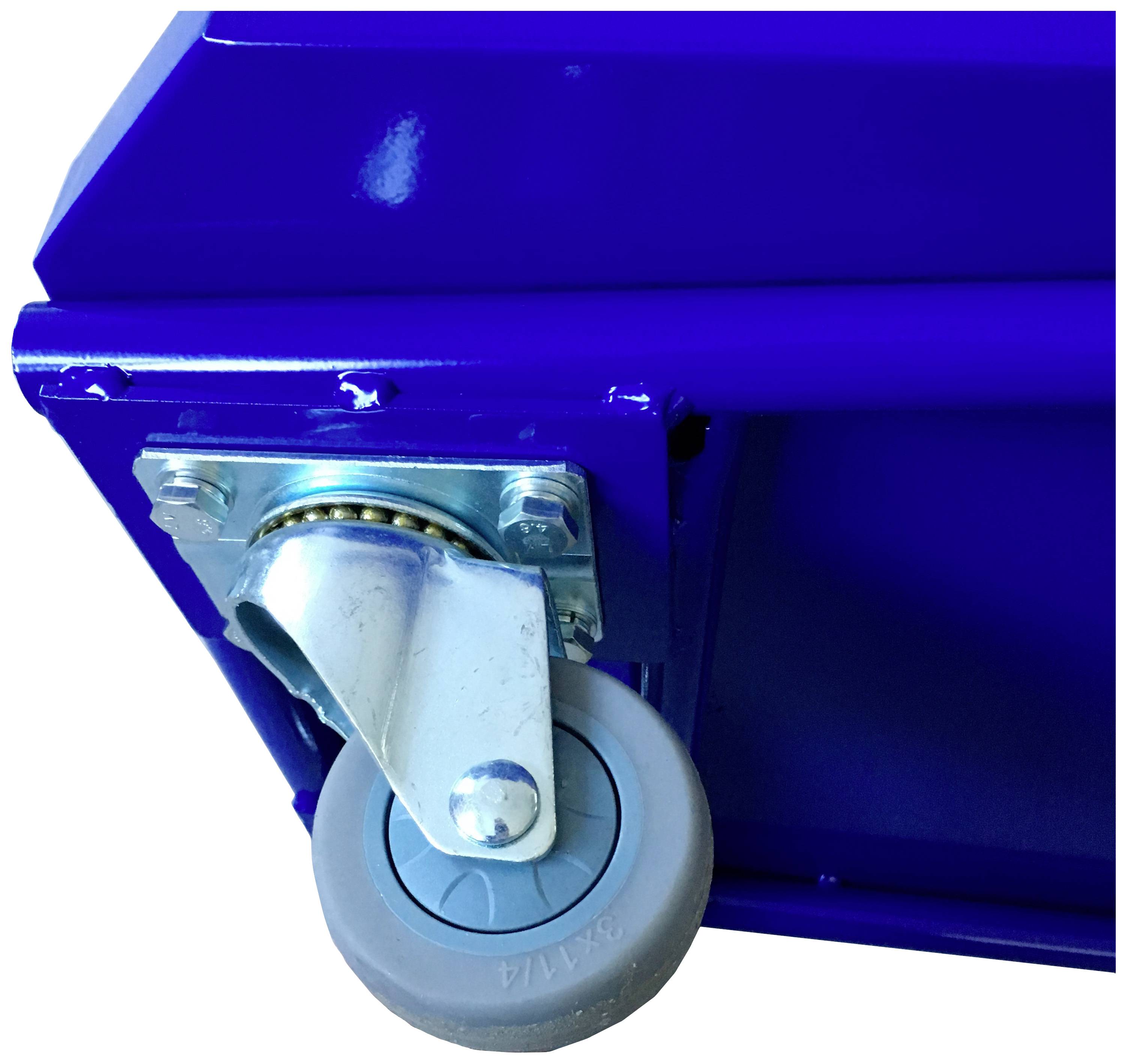 Eine blaue Industriemöbelrolle mit Metallhalterung und grauem Rad, die eine stabile Bewegung schwerer Gegenstände ermöglicht.
