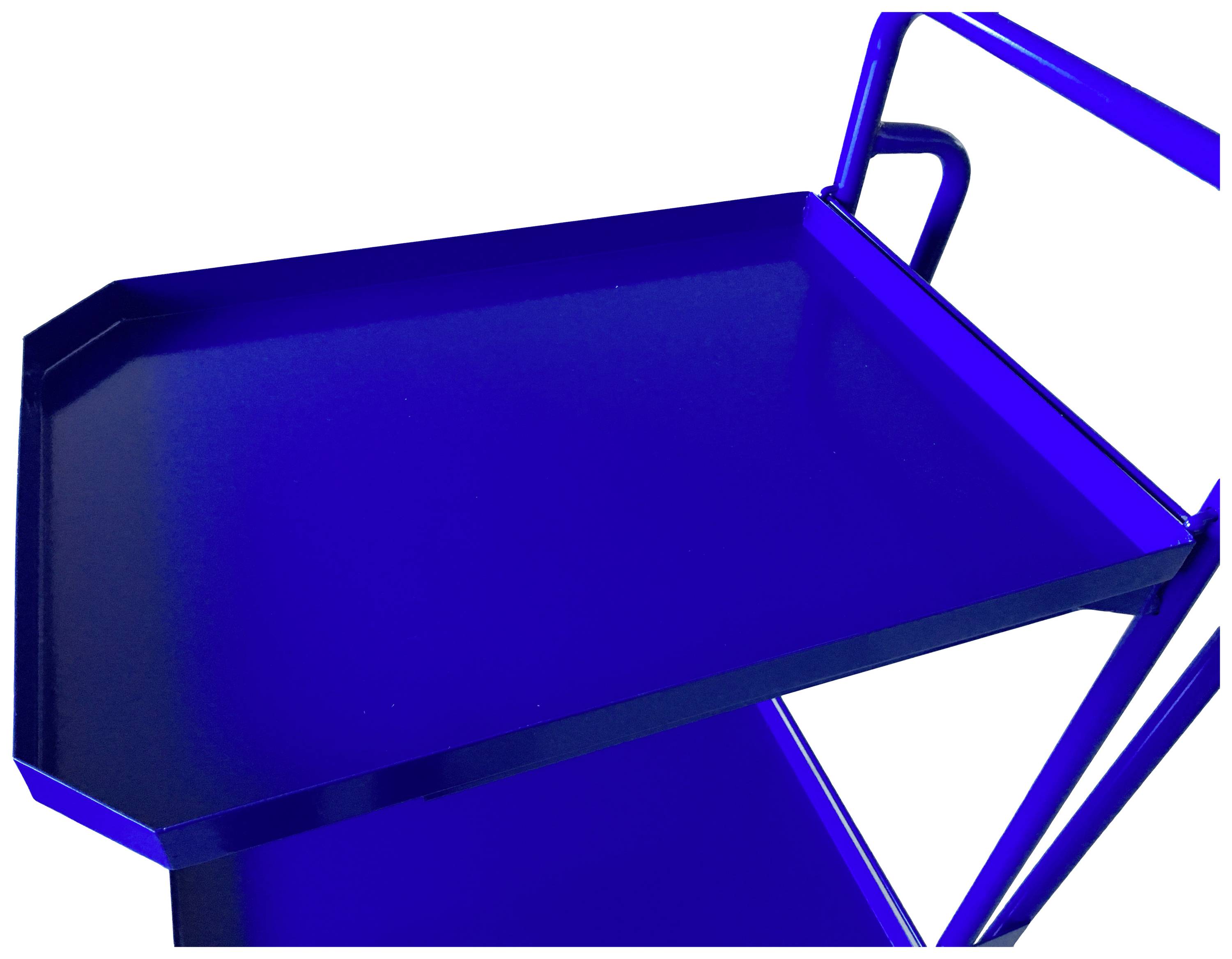 Ein blauer Metall-Servierwagen mit zwei Ebenen, geeignet für Gastronomie oder Zuhause. Minimalistisches Design.