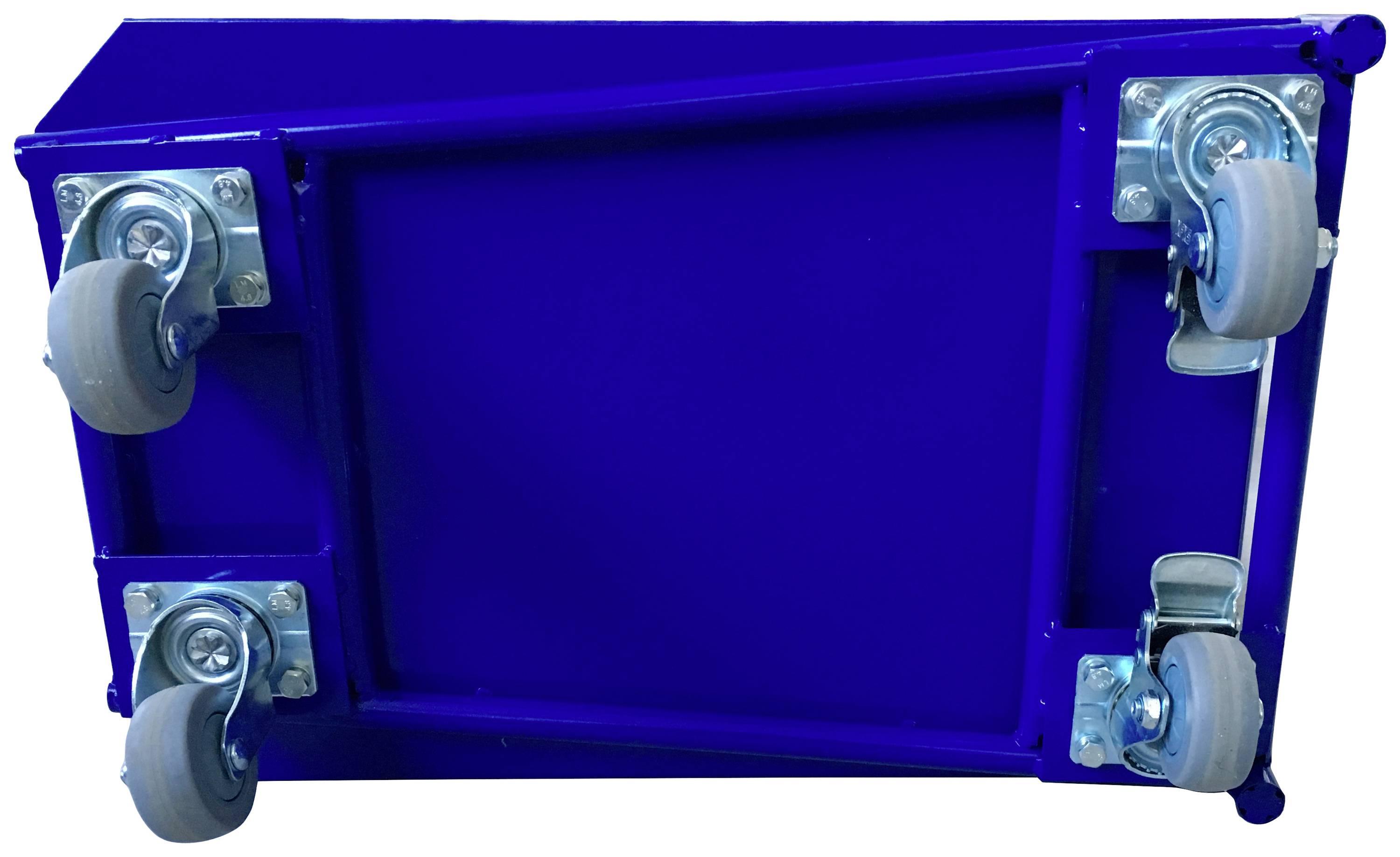 Blaue Metallplattform mit vier drehbaren Gummirollen, von unten gesehen.