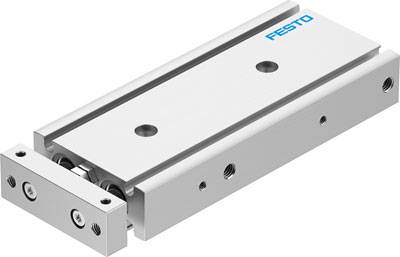Silberner lineare Führungsschlitten mit zwei sichtbaren Rollen und blauer Beschriftung 'Festo'.