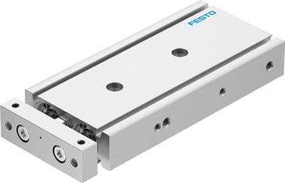 Ein pneumatischer Schlitten aus Metall mit zwei Führungsschienen, auf dem 'Festo' steht. Verwendet in Automatisierungstechnik.