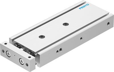 Eine silberne lineare Führungsschiene mit zwei Schraubenlöchern, beschriftet mit 'Festo'. Verwendet in Automationssystemen für präzise Bewegungen.