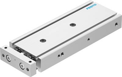 Linearantrieb von Festo mit Schlitten und zwei Führungsschienen, mechanisches Bauteil für präzise Bewegungen, silberne Farbe.