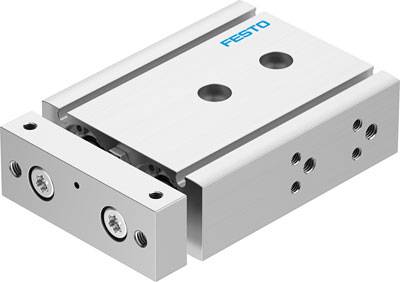Ein silberner pneumatischer Zylinder mit rechteckiger Form, zwei Bohrungen oben und mehreren Anschlussöffnungen an den Seiten, mit dem Logo 'FESTO'.