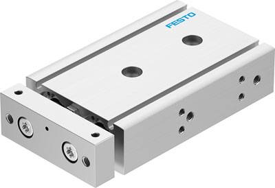 Ein silberner pneumatischer Schlitten von Festo mit zwei Befestigungslöchern, geeignet für präzise lineare Bewegungen in Automatisierungssystemen.