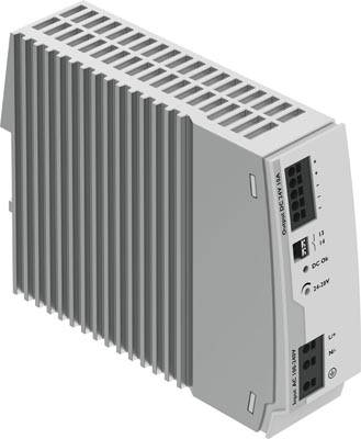 Bild eines Schaltnetzgeräts mit Lüftungsschlitzen. Aufschrift: 'Quint4-PS/1AC/24DC/5' und Anschlussdetails auf der Vorderseite.