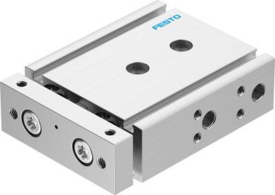 Silberner pneumatischer Zylinderblock mit zwei zentralen Bohrungen und seitlichen Gewinden, mit dem Logo 'FESTO' oben.