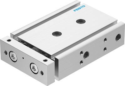 Metallische Schlitteneinheit von Festo mit zwei Führungsschienen und Anschlussbohrungen, geeignet für industrielle Automatisierung.