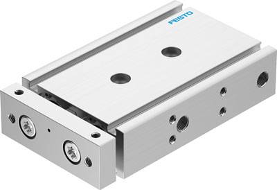 Ein pneumatischer Schlitten mit zwei Befestigungslöchern und Festo-Logo, für lineare Bewegungen in industriellen Anwendungen.