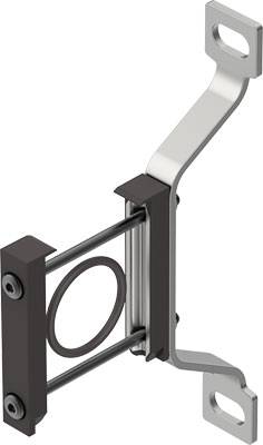 Ein Metallhalter mit zwei Befestigungslaschen, schwarzen Kunststoffteilen und einer kreisförmigen Öffnung in der Mitte.