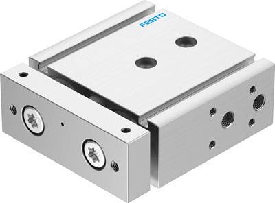 Luftzylinder mit Schlitten von Festo, rechteckige Form, zwei Befestigungslöcher, verwendet in industrieller Automatisierung.