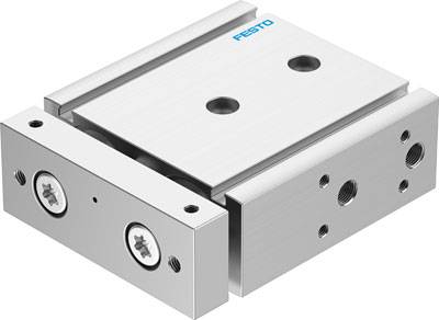 Ein pneumatischer Zylinder von Festo mit rechteckiger Grundplatte und zwei Befestigungsbohrungen, geeignet für industrielle Anwendungen.