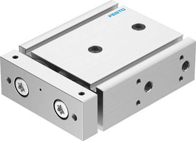 Ein silberner pneumatischer Schlitten von Festo. Er hat zwei große Schrauben an der Vorderseite und mehrere Montagepunkte.