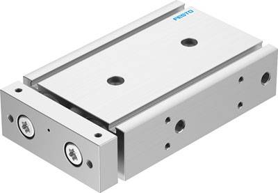 Lineareinheit aus Metall mit zwei Befestigungslöchern und einem beweglichen Schlitten, Herstellerlogo in der Ecke.