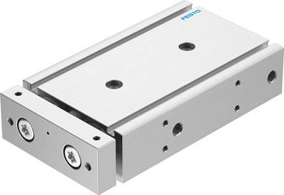 Silberne Lineareinheit mit Schlitten und Befestigungsmöglichkeiten, von der Marke Festo. Geeignet für präzise industrielle Anwendungen.