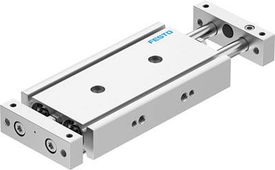 Schlittenführung mit präzise verarbeiteten Metallschienen und einem 'Festo'-Logo. Geeignet für industrielle Anwendungen.