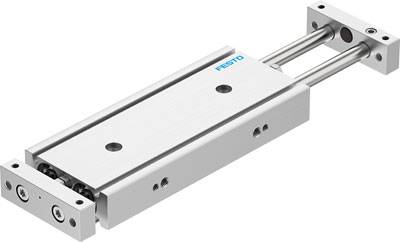 Ein pneumatischer Schlitten der Firma Festo, mit zwei Führungsstangen und einer rechteckigen Grundplatte, für industrielle Anwendungen.