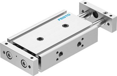 Aluminiumgleitschlitten von Festo mit linearen Bewegungselementen und Befestigungslöchern, geeignet für präzise industrielle Anwendungen.
