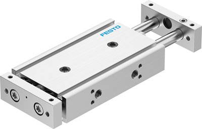 Ein silberner Pneumatikzylinder mit zwei parallelen Stangen und dem blauen Logo 'FESTO' auf der Oberseite.