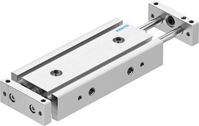 Silberner linearer Antrieb mit zwei Führungen und mehreren Schraub- und Anschlussstellen, geeignet für Industrieanwendungen.