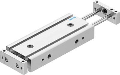 Silberfarbener pneumatischer Linearantrieb mit zwei parallelen Stangen, geeignet für präzise mechanische Bewegungen in Maschinen.