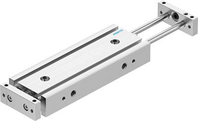 Zwei parallel verlaufende Zylinder mit rechteckiger Grundplatte, Teil eines pneumatischen Systems für lineare Bewegungen von Maschinenkomponenten.