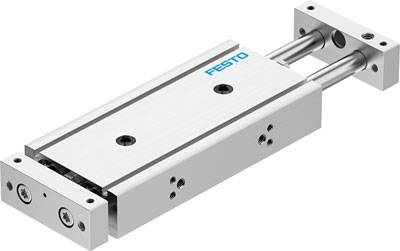 Ein pneumatischer Schlitten von Festo mit zwei parallelen Führungsschienen, geeignet zur präzisen Steuerung linearer Bewegungen.