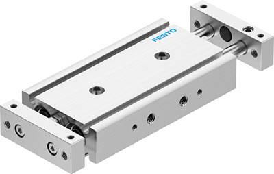 Linearantrieb von Festo, zeigt einen pneumatischen Schlitten mit Metallelementen, geeignet für präzise mechanische Bewegungen.