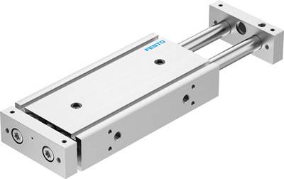 Ein pneumatischer Linearzylinder in silbernem Design mit zwei parallelen Führungsstangen, typisches Industriekomponente von Festo.
