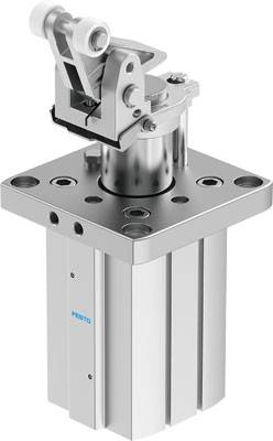 Ein pneumatischer Schwenkgreiferzylinder aus Metall, verwendet in industriellen Automatisierungssystemen, mit mehreren Befestigungsöffnungen.