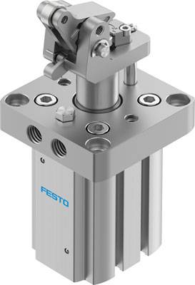 Festo Pneumatikzylinder in Silber, quadratische Grundplatte mit mehreren Schraubverbindungen. Genutzt für industrielle Anwendungen.