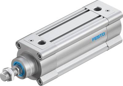 FESTO Pneumatikzylinder in Silber, rechteckige Form, mit blauer Dichtung und Anschlüssen, für industrielle Anwendungen geeignet.