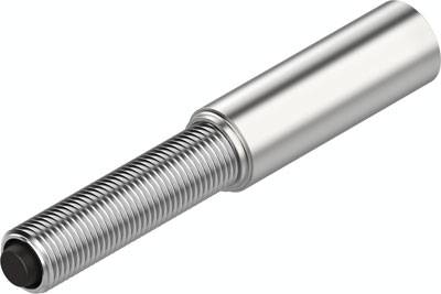 Ein silberner, metallischer Zylinder mit Gewinde auf einem Ende und glatter Oberfläche auf dem anderen Ende.