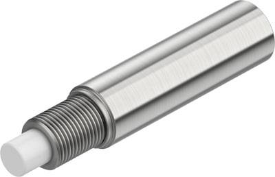 Metallischer Zylinder mit Gewinde in der Mitte und weißer Spitze. Mögliche Verwendung: Industrie- oder Maschinenbauteil.