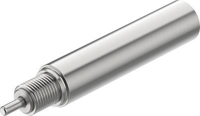 Ein silberner zylinderförmiger Metallstift mit einem dünnen hervorstehenden Ende, möglicherweise Teil eines Maschinenbauteils oder Werkzeugs.