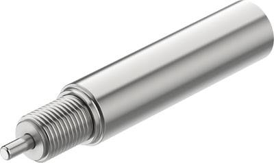 Metallischer, zylindrischer Bolzen mit Gewinde an einem Ende und einem dünneren, glatten Ende. Wird in Maschinenbau verwendet.