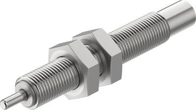 Ein silberner Stoßdämpfer mit Schraubengewinde und Kontermutter. Verwendet zur Dämpfung mechanischer Stöße in Maschinen.