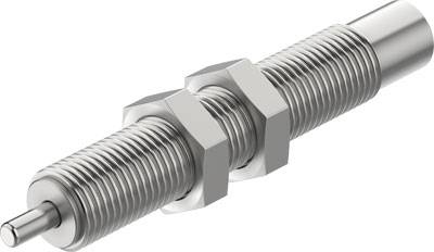 Ein metallischer Stoßdämpfer mit Gewinde und zwei Sechskantmuttern. Hauptsächlich für präzise mechanische Anwendungen verwendet.