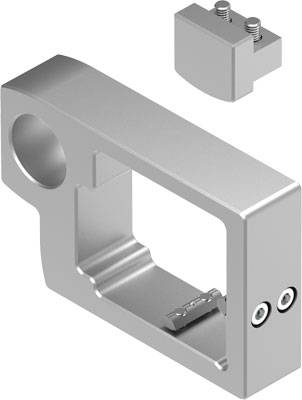 Metallhalterung mit rechteckiger Öffnung, darunter separate Abdeckung mit zwei Schrauben. Geeignet für industrielle Anwendungen.