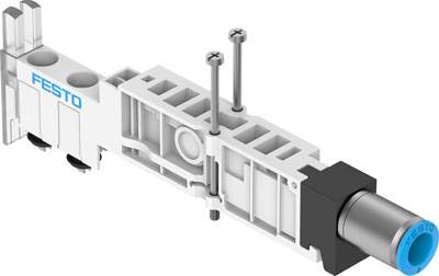 Festo Pneumatikzylinder mit zwei Ventilen und blauer Kappe, verwendet in automatisierten Systemen zur Steuerung von Bewegungen.