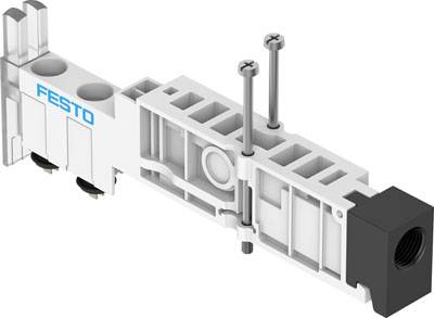 Ein pneumatisches Verbindungselement von Festo, bestehend aus einem weißen Kunststoffgehäuse und zwei herausragenden Schrauben, mit einem schwarzen Anschluss.