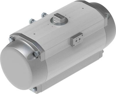 Pneumatischer Antrieb in zylindrischer Form mit befestigten Seitenklappen und zentralem Bedienelement. Eignet sich für Ventilsteuerung.