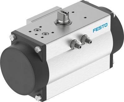 Ein pneumatischer Antrieb von Festo, silber-schwarz, mit Anschlüssen und Markennamen sichtbar. Verwendet für industrielle Anwendungen.