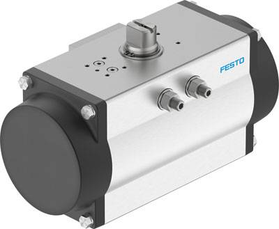 Silberner pneumatischer Aktuator von Festo mit schwarzen Endkappen und zwei Anschlüssen.