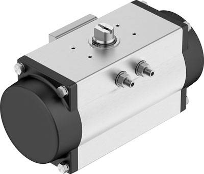 Ein metallener pneumatischer Antrieb mit zwei Anschlüssen und einem zentralen Drehpunkt, genutzt zur Steuerung industrieller Ventile.