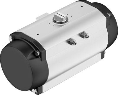 Ein zylinderförmiger pneumatischer Antrieb mit schwarzen und silbernen Teilen, zwei Anschlüsse und ein Drehknopf oben.
