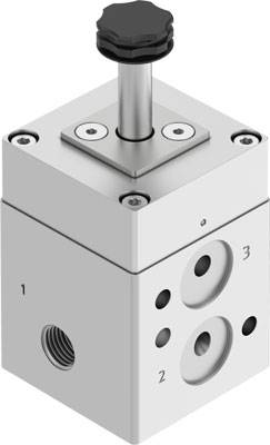 Druckregelventil mit schwarzem Drehknopf, silbernes Gehäuse, mehrere Anschlüsse an den Seiten.