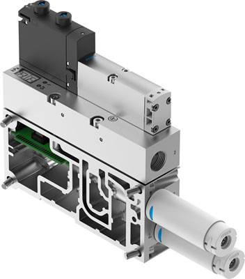 Industrielles Pneumatik-Ventil mit digitaler Anzeige und Verbindungspunkten. Hauptkomponenten erkennbar und strukturiert angeordnet.