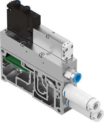 Ein elektrisches pneumatisches Ventilmodul mit mehreren Anschlüssen und einem schwarzen Gehäuse, wahrscheinlich in industrieller Anwendung.