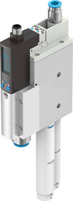 Pneumatische Ventileinheit mit rechteckigem, schwarzem Gehäuse und silbernen Bauteilen; elektronische Anzeige und blaue Anschlüsse oben.